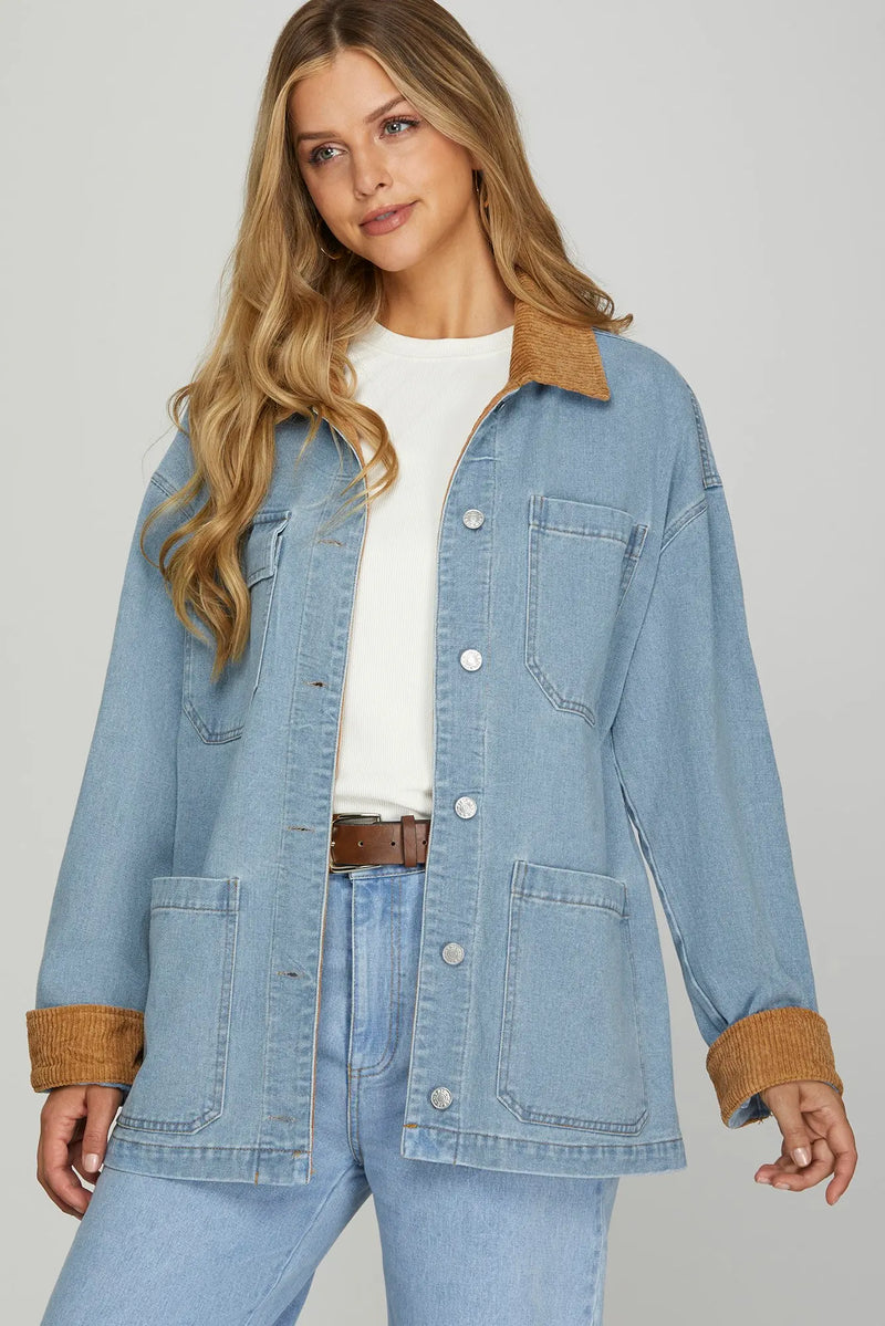 Dylan Light Wash Denim Barn Jacket With Contrasting Collar