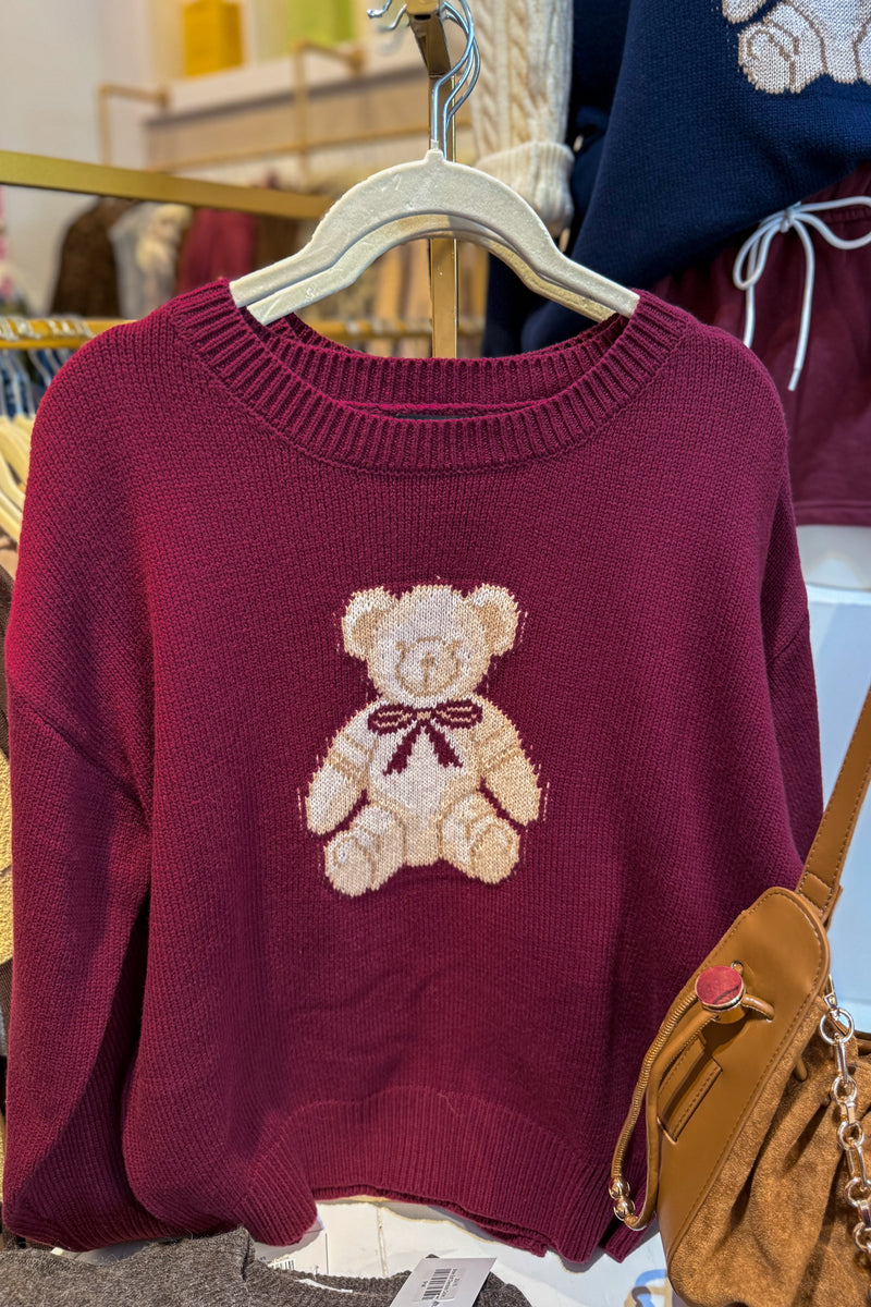 Burgundy Teddy Bear Crewneck Sweater