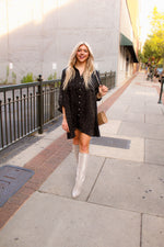 Black Rhinestone Satin Shirt Dress