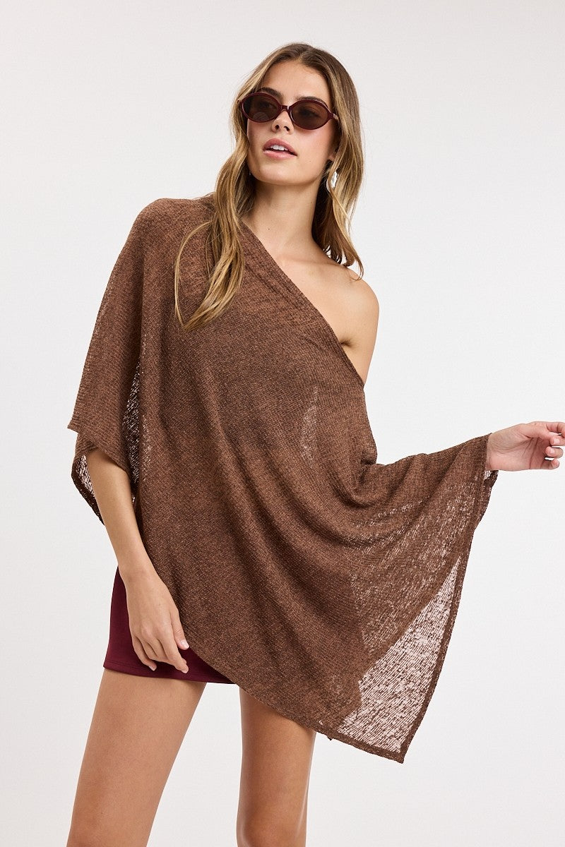 Chestnut Brown Asymmetric Drape Flowy Knit Poncho