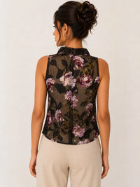 Midnight Floral Fringe Mock Neck Sleeveless Blouse