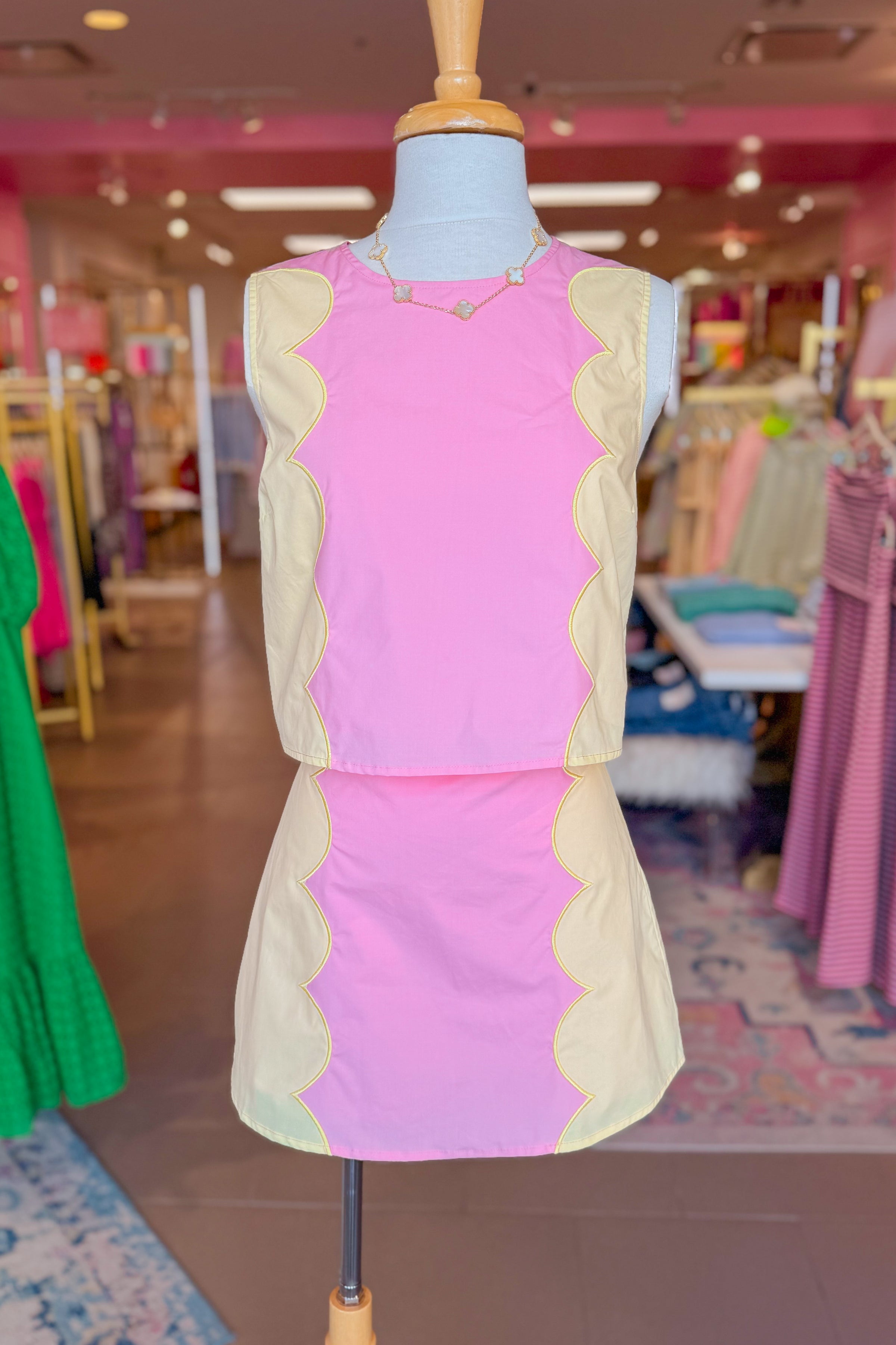 Pink and Yellow Scallop Detail Mini Skirt Set - Kendry Collection Boutique