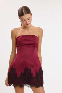 Berry Satin and Lace Strapless Mini Dress