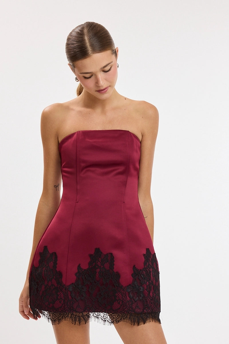 Berry Satin and Lace Strapless Mini Dress