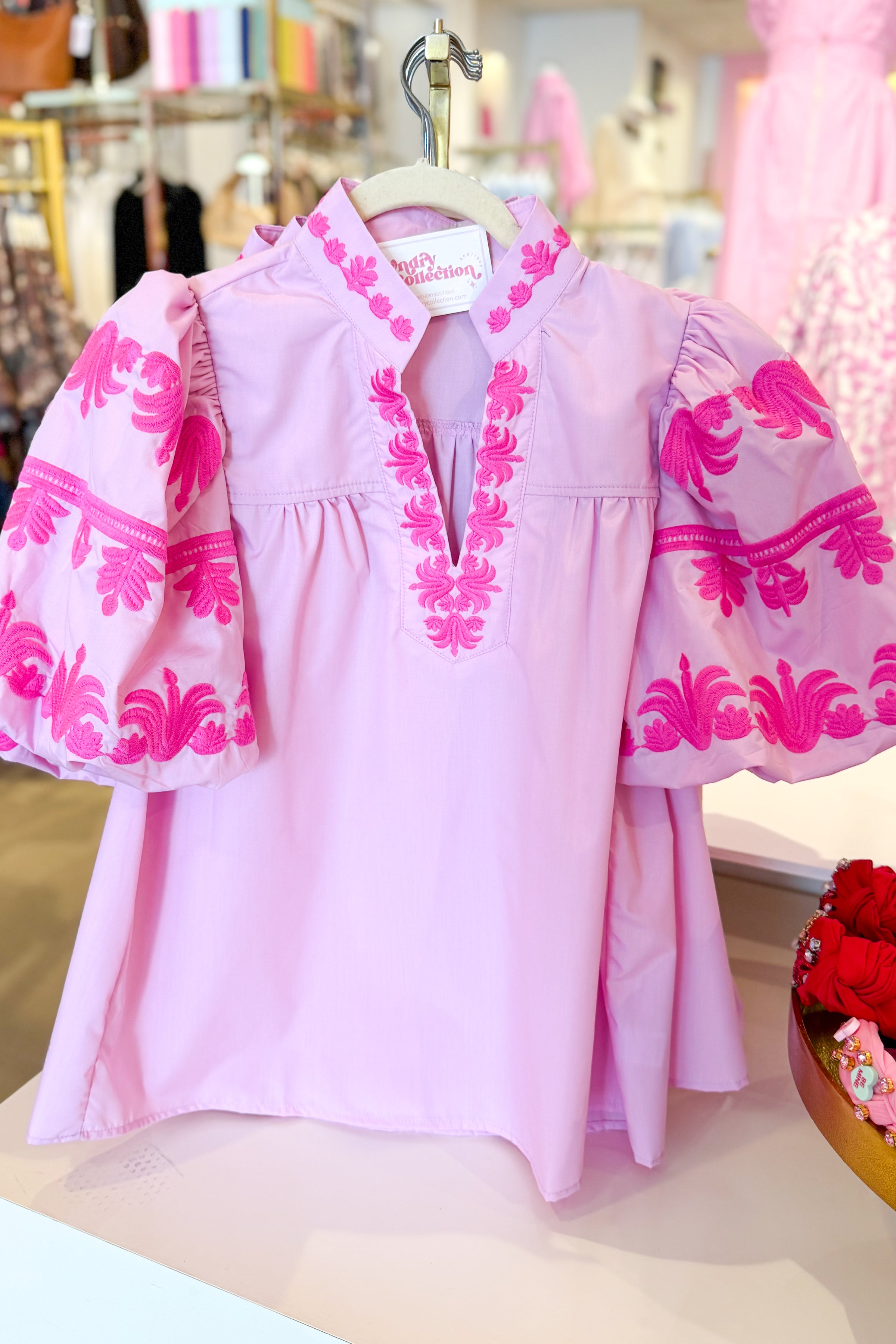 Pink Embroidered Detail Puff Sleeve Top - Kendry Collection Boutique