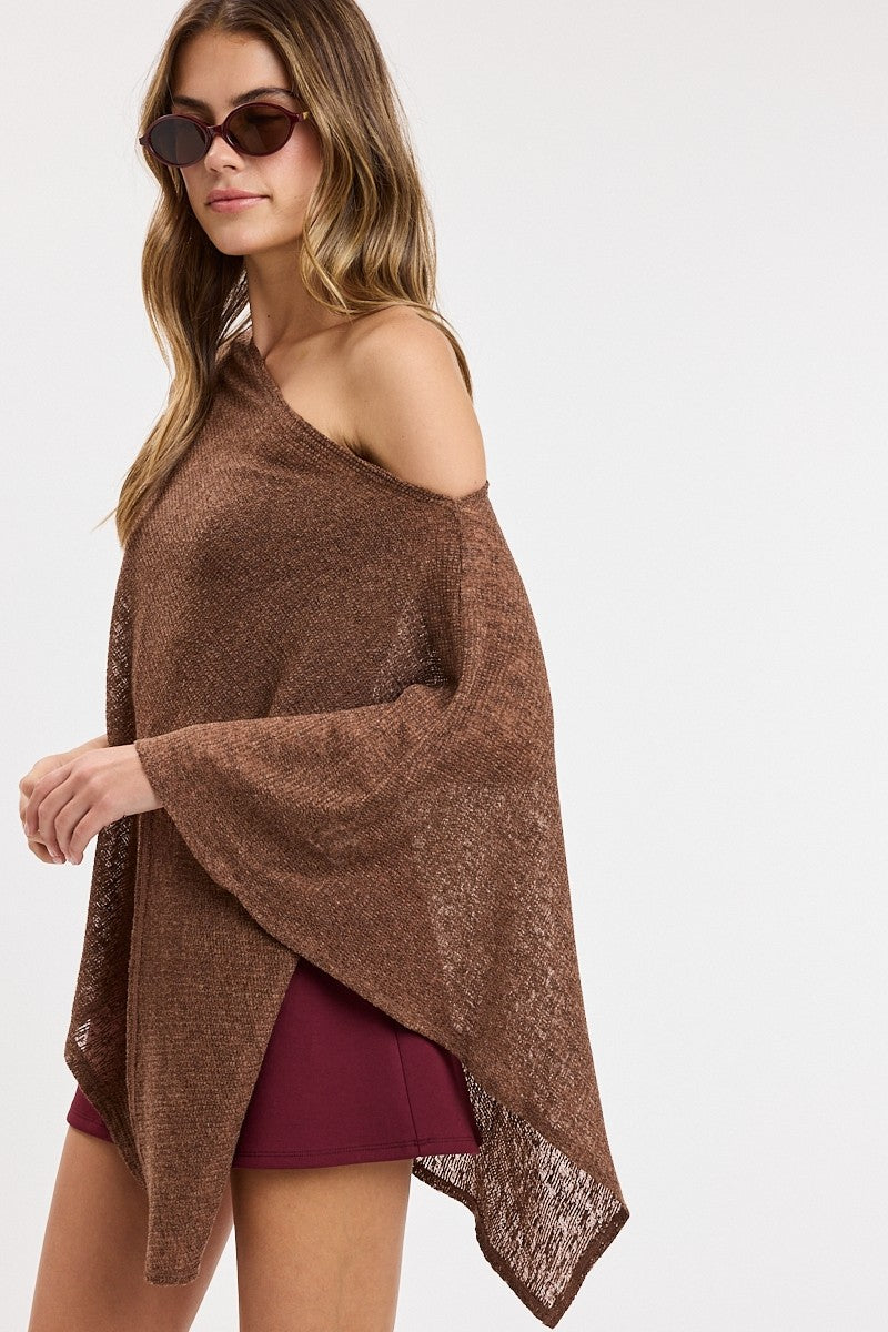 Chestnut Brown Asymmetric Drape Flowy Knit Poncho
