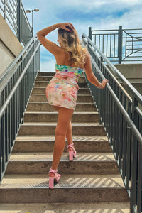 Multi Color Floral Jacquard Cut Out Rosette Mini Dress