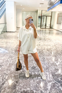 White Textured Button Up Romper