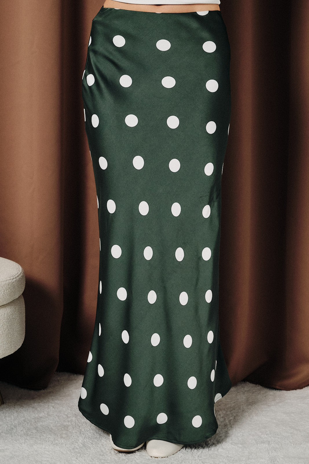 Hunter Green Polka Dot Satin Maxi Skirt