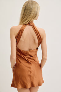 Bronze Mock Neck Satin Mini Dress