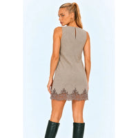 Oatmeal Taupe Sleeveless Lace Trim Knit Mini Shift Dress