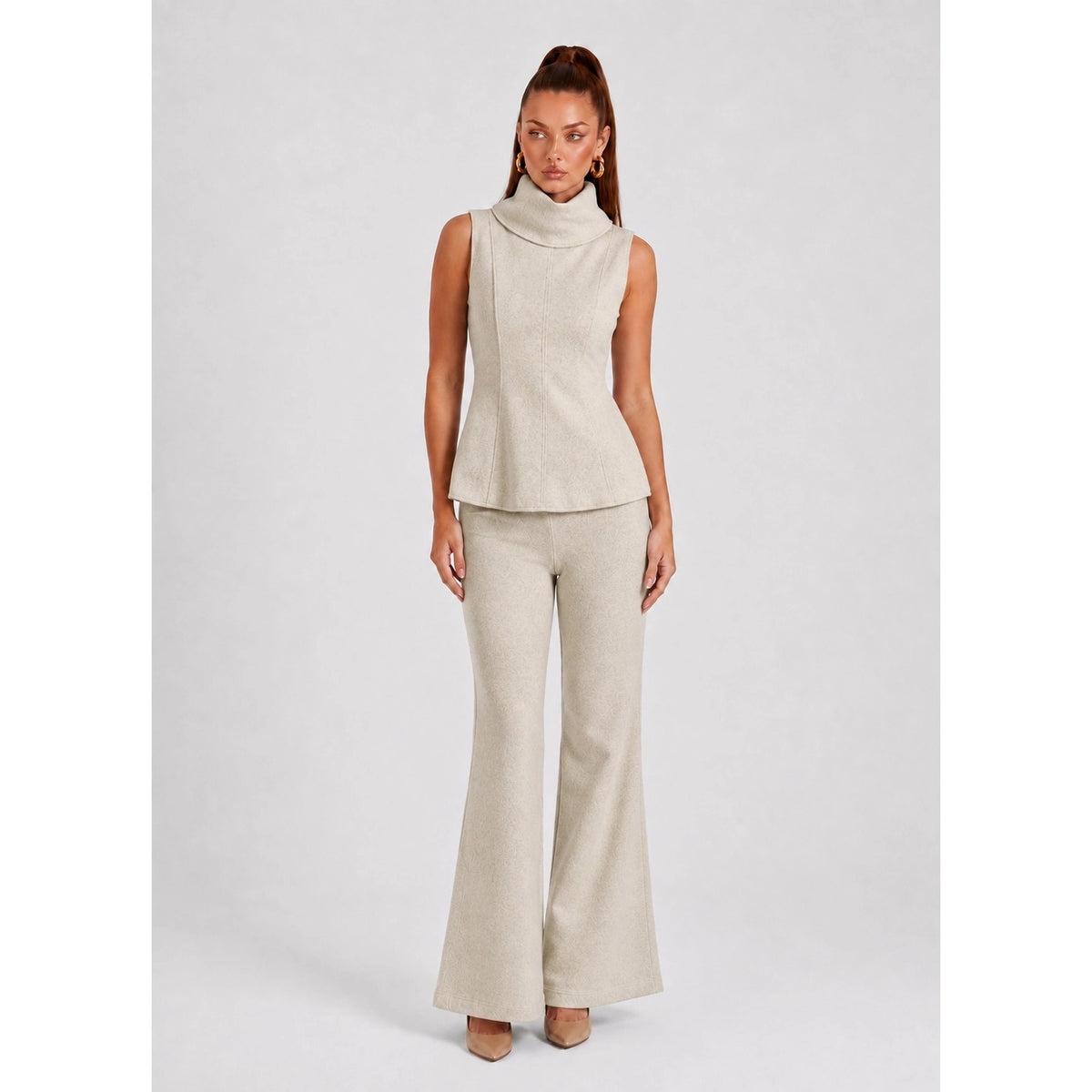Oatmeal Heather Knit Cowl Neck Top and Flare Pants Matching Set