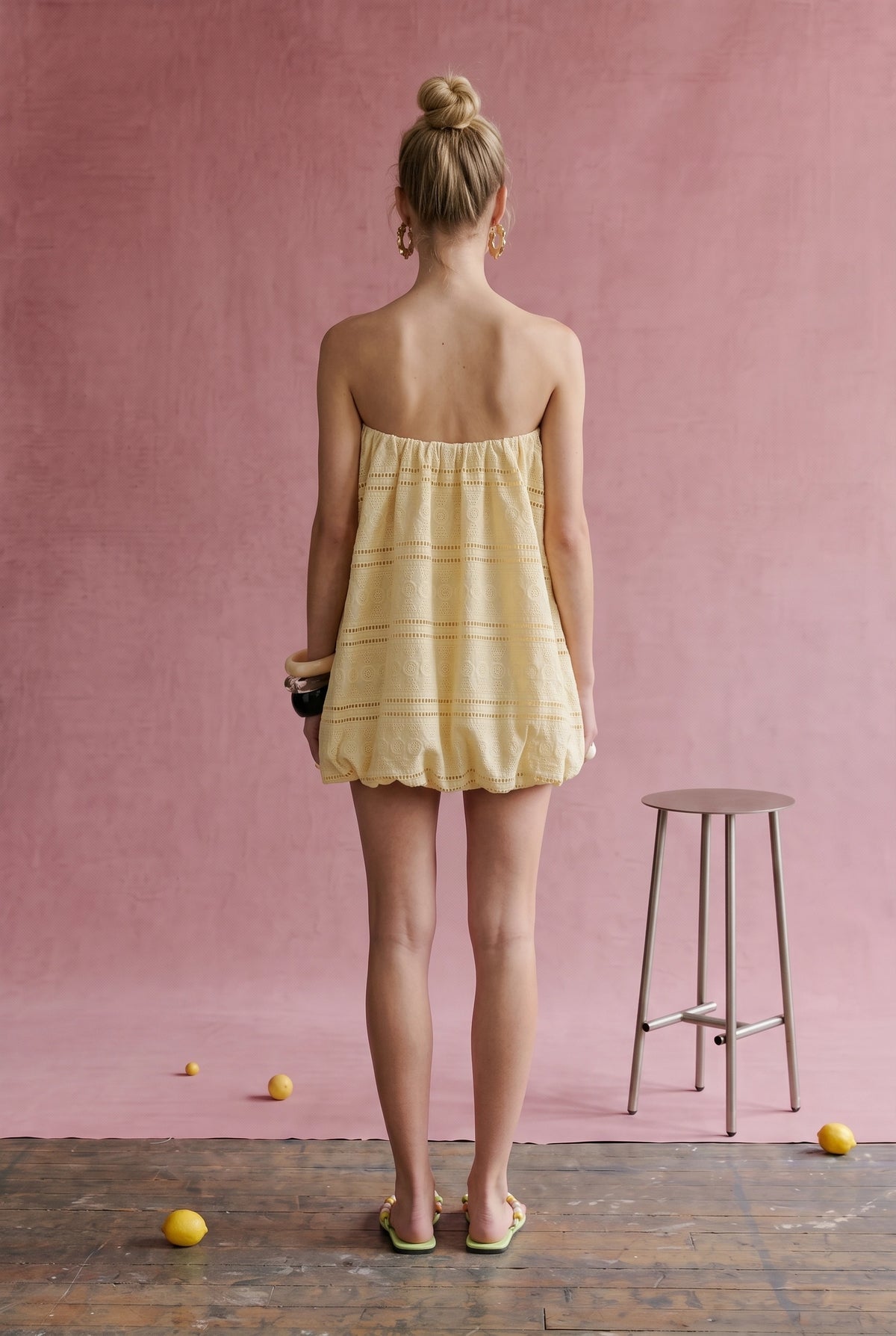 Yellow Embroidered Eyelet Bubble Hem Tube Dress