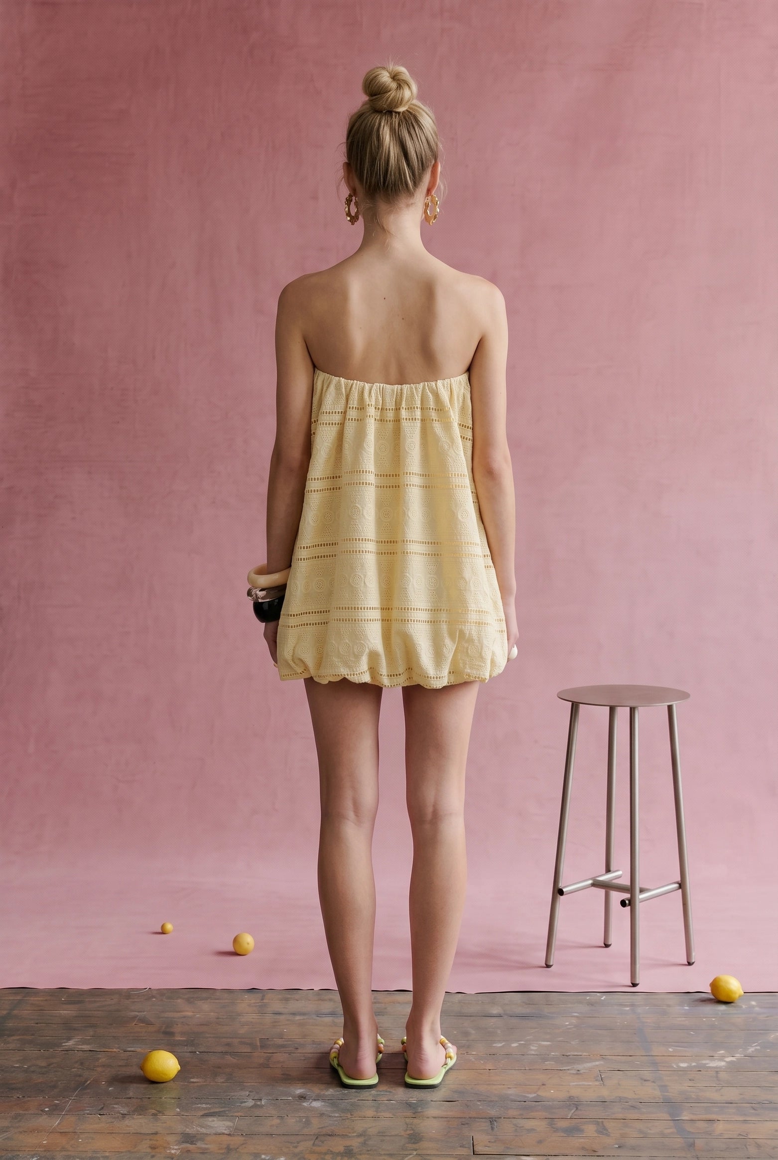 Yellow Embroidered Eyelet Bubble Hem Tube Dress