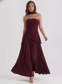 Burgundy Red Scarf Detail Sheer Hem Maxi Dress