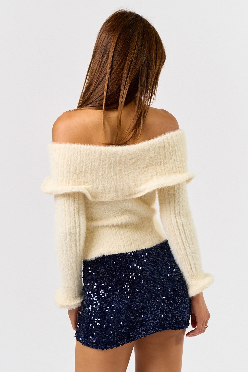 Ivory Fuzzy Knit Off The Shoulder Sweater