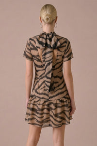 Tan Zebra Print Organza Mock Neck Mini Dress
