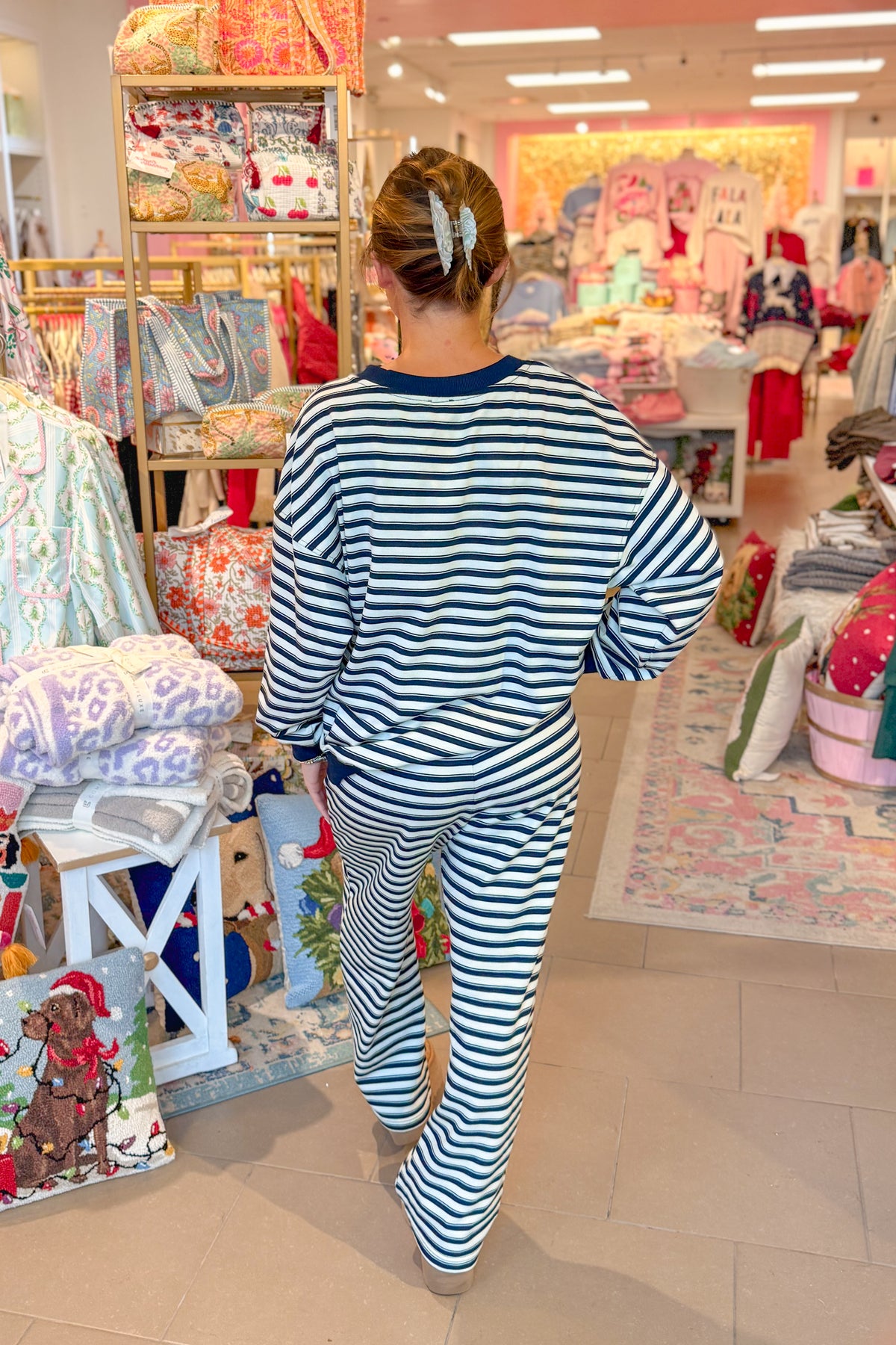 Navy Blue and White Striped Sweatshirt and Pants Set