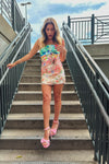 Multi Color Floral Jacquard Cut Out Rosette Mini Dress