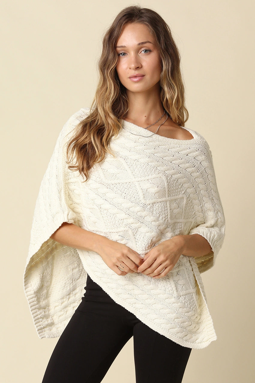 Cream Asymmetrical Cable Knit Poncho Top