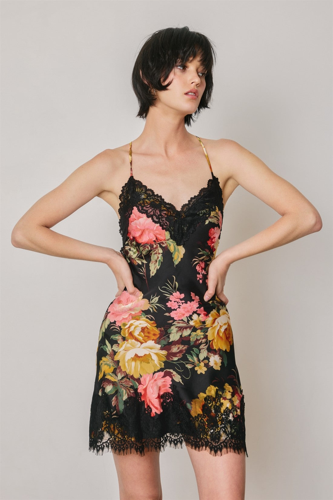 Black Botanical Floral Lace Trim Slip Mini Dress