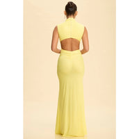 Butter Yellow Mock Neck Ruched Sheer Open Back Maxi Dress - Kendry Collection Boutique