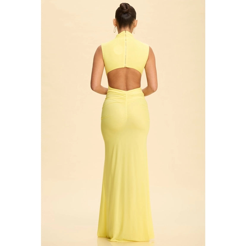 Butter Yellow Mock Neck Ruched Sheer Open Back Maxi Dress - Kendry Collection Boutique