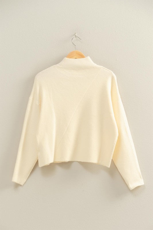 Cream Mock Neck Diagonal Ribbed Sweater