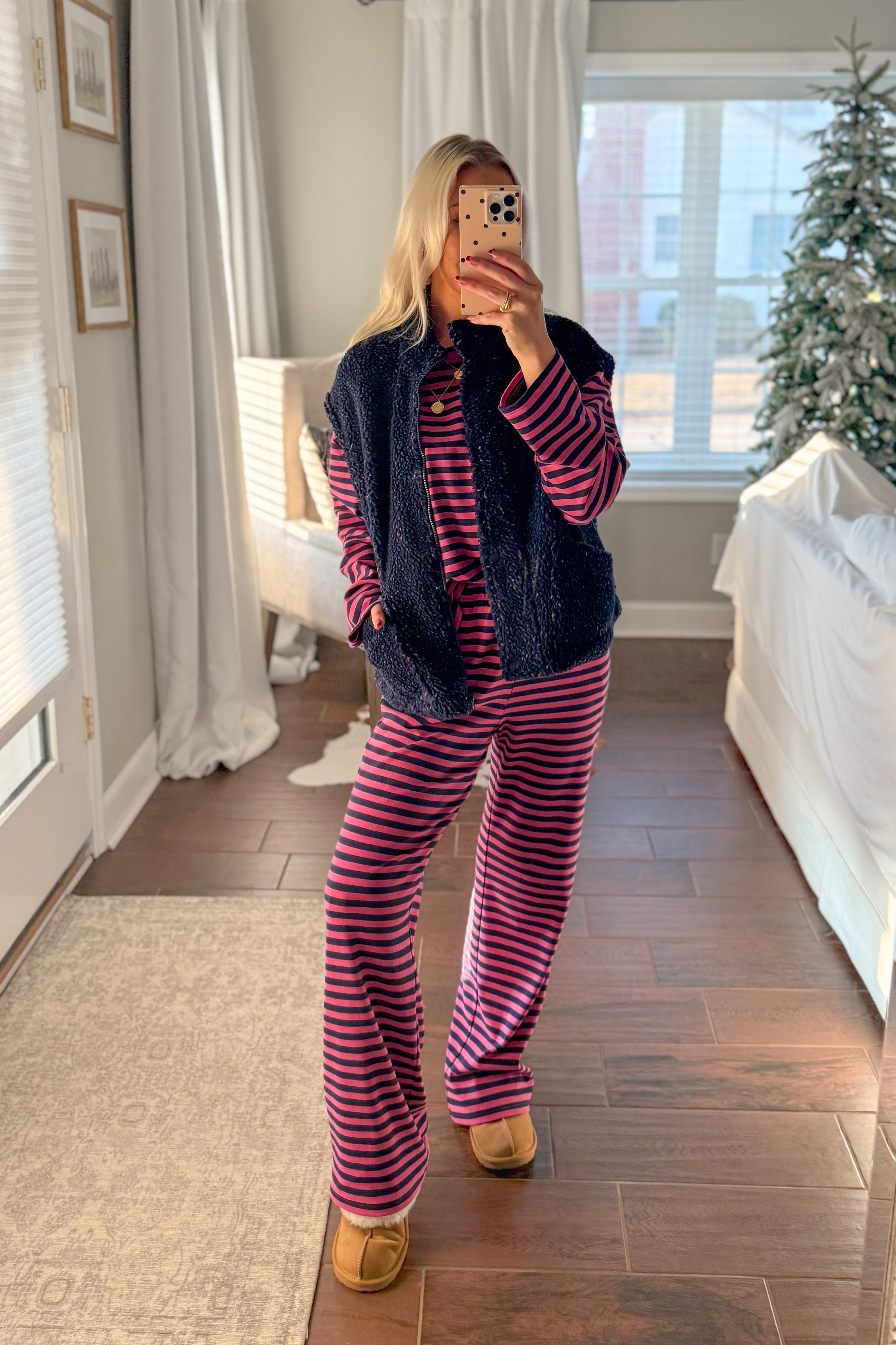 Navy Blue and Pink Striped Top and Pants Set