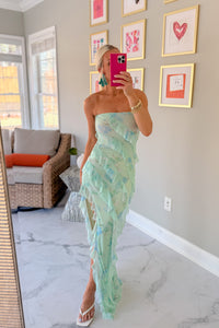 Mint Green Floral Ruffle Tube Maxi Dress