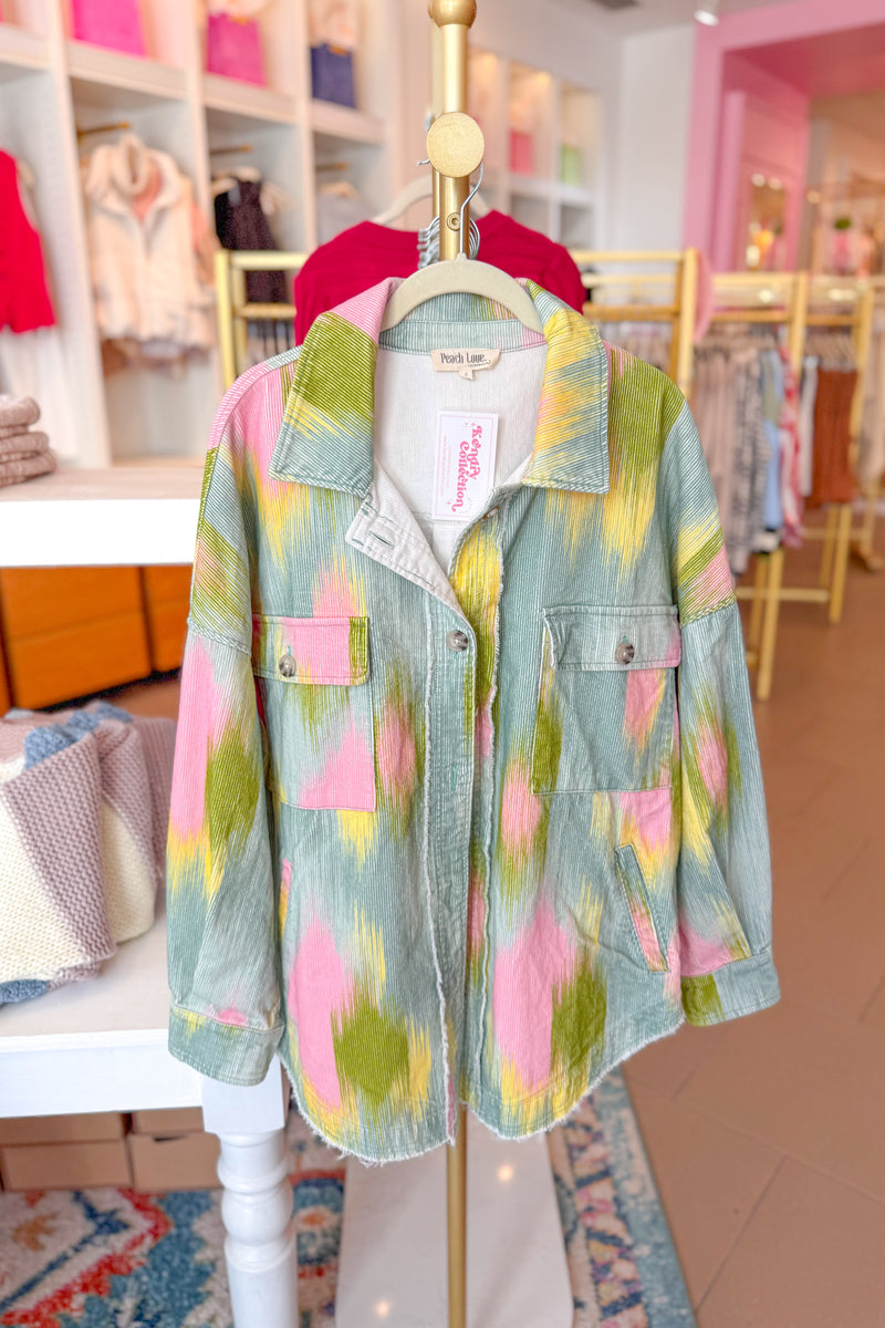 Green Multicolor Corduroy Button Up Shacket