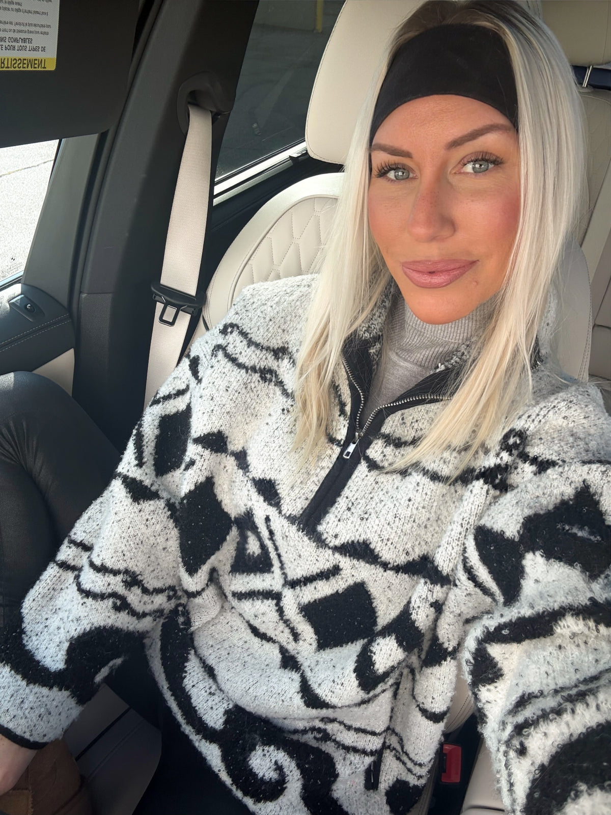 Black and White Patterned Oversized Quarter Zip