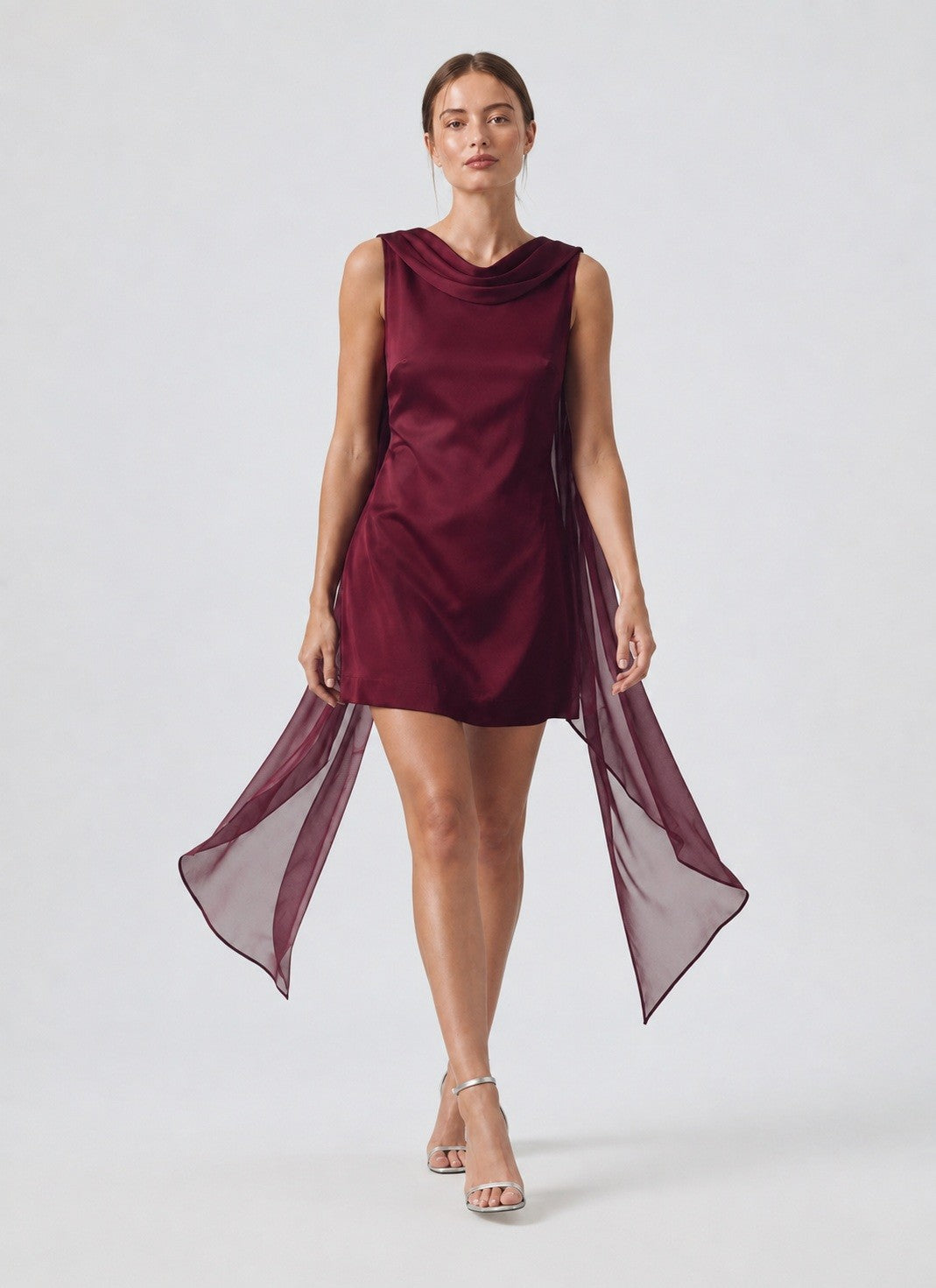 Draped Cowl Neck Mini Dress - Wine