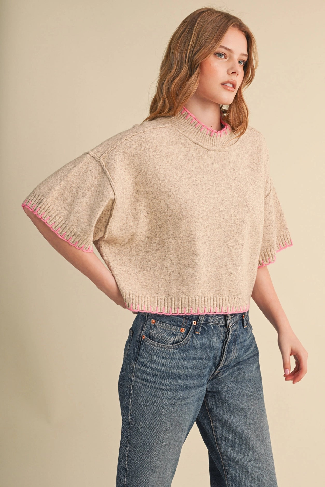 Oatmeal and Pink Stitch Mock Neck Sweater