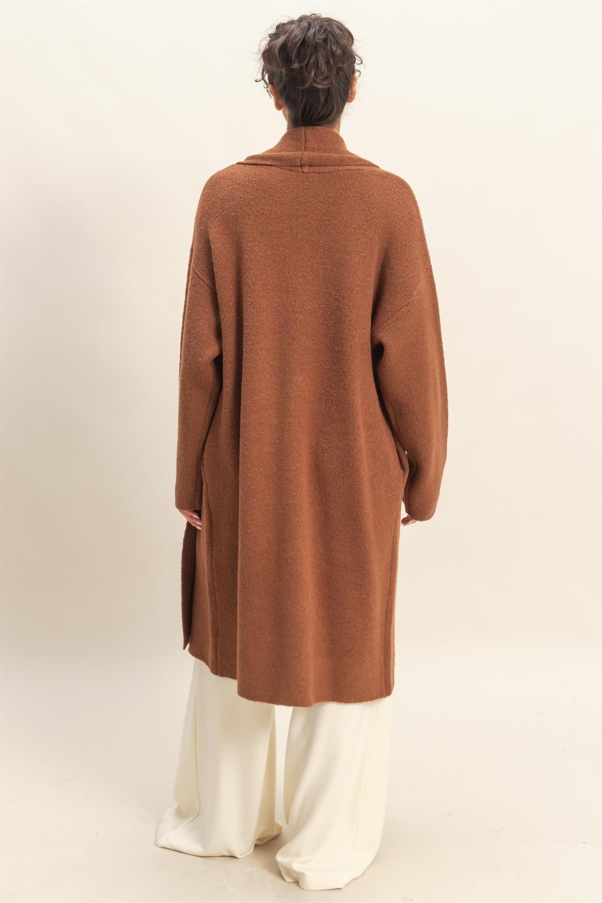 Brown Longline Open Front Knit Cardigan