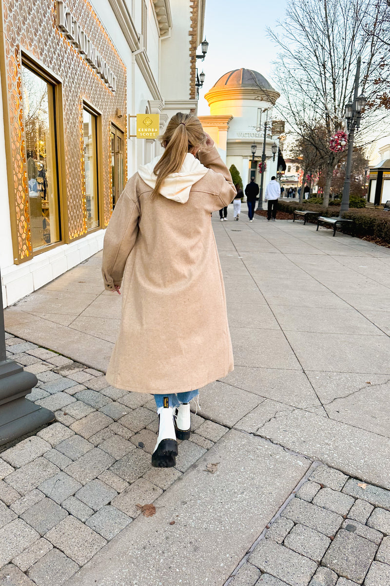 Mocha Longline Jacket With Built In Hoodie