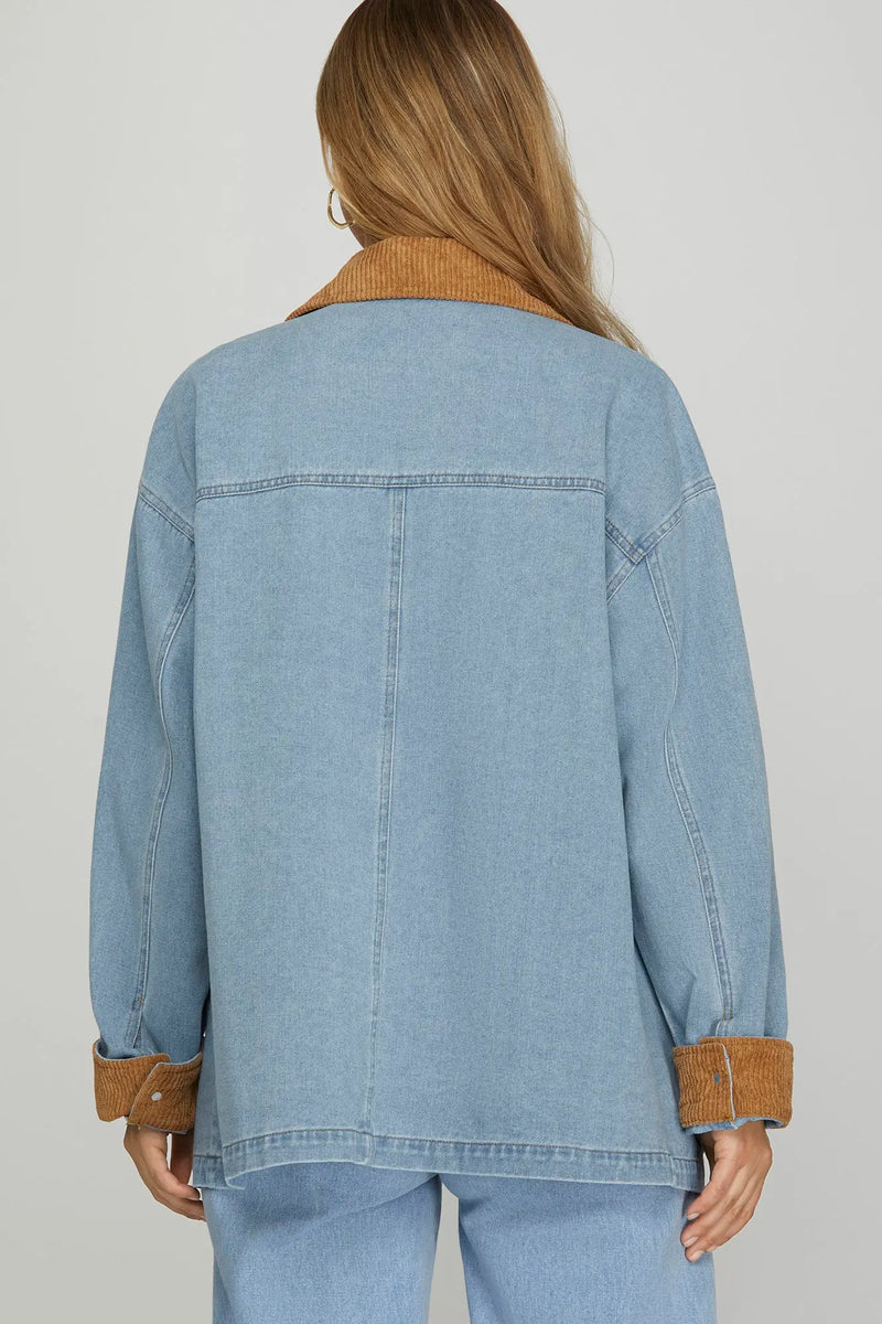 Dylan Light Wash Denim Barn Jacket With Contrasting Collar