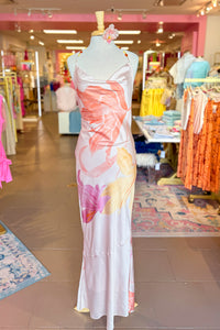 Pink Satin Hibiscus Flower Maxi Dress