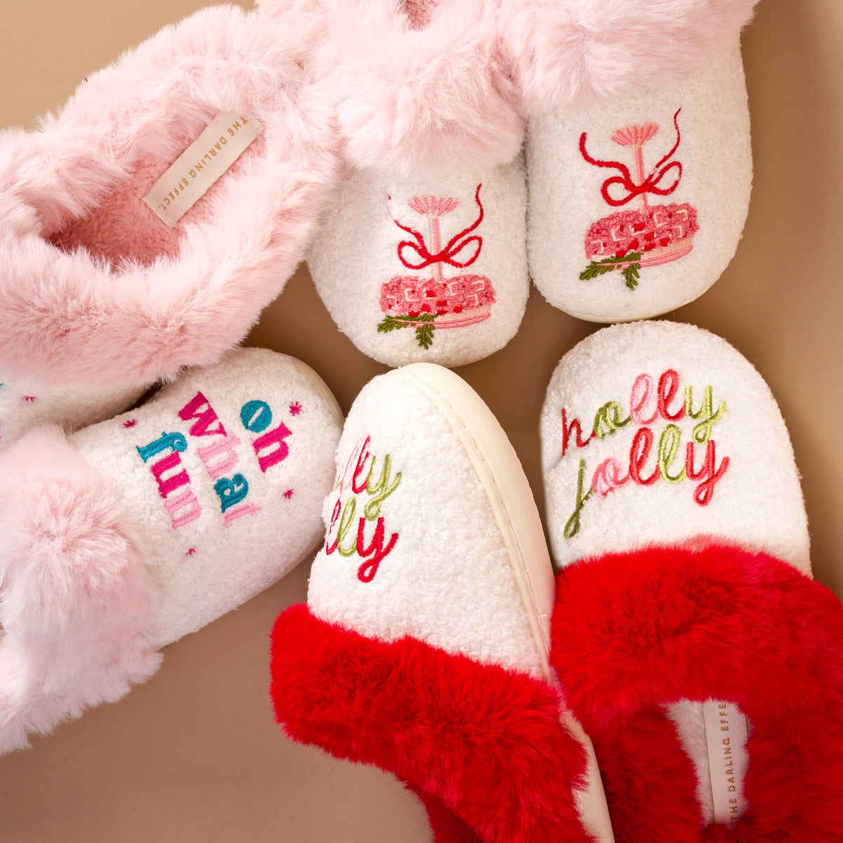 Holly Jolly Embroidered Sherpa Christmas Slippers