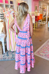 Pink and Blue Floral Tie Sleeve Tiered Ruffle Maxi Dress