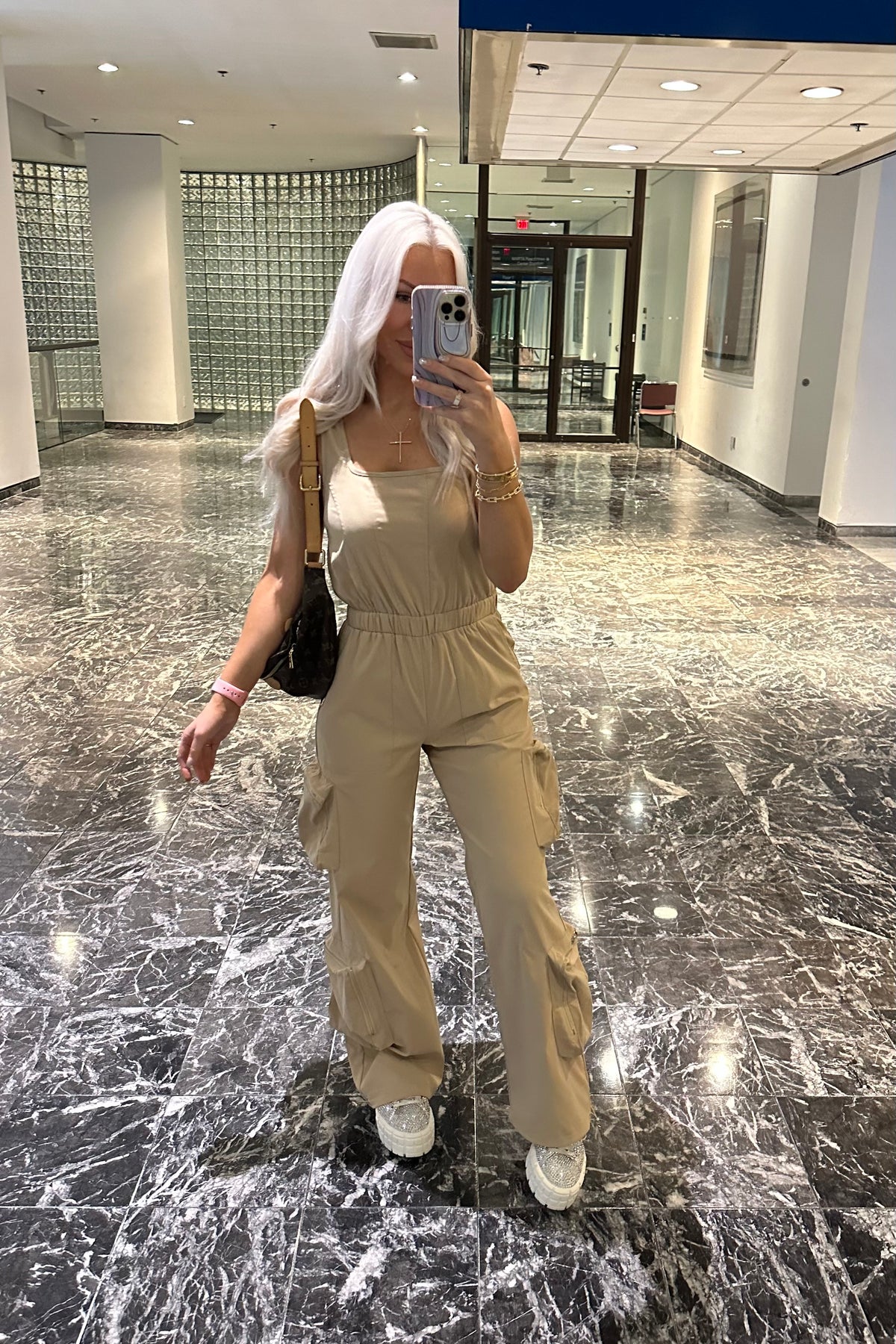 Sleeveless Tan Cargo Jumpsuit