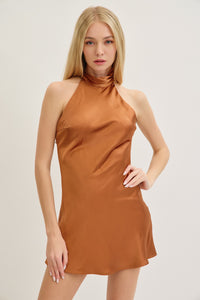 Bronze Mock Neck Satin Mini Dress