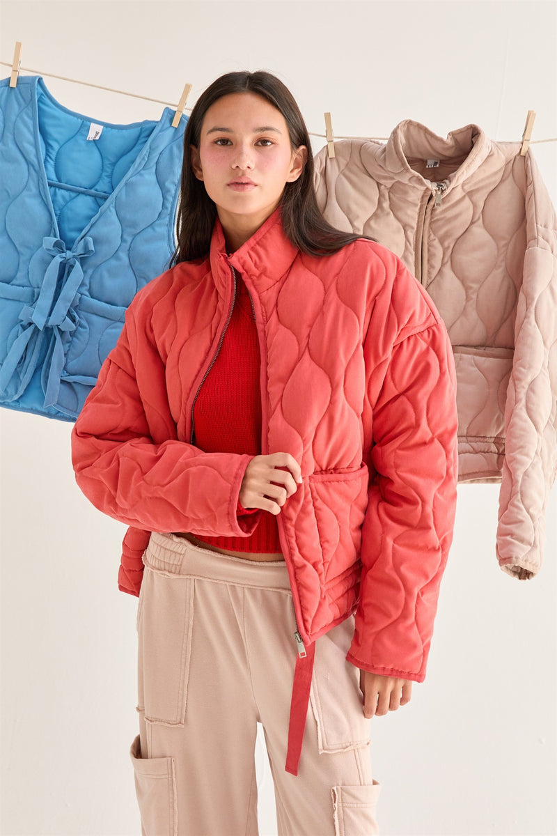 Red Quilted Jacket With Drawstring Hem