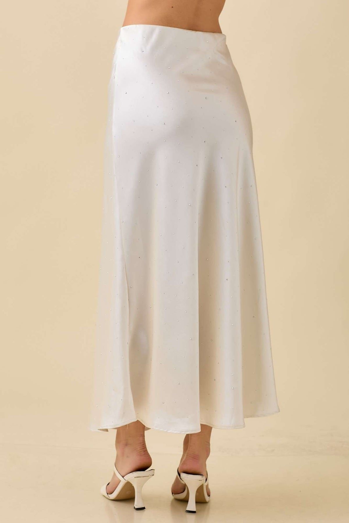 Ivory Rhinestone Embellished Satin Midi Skirt