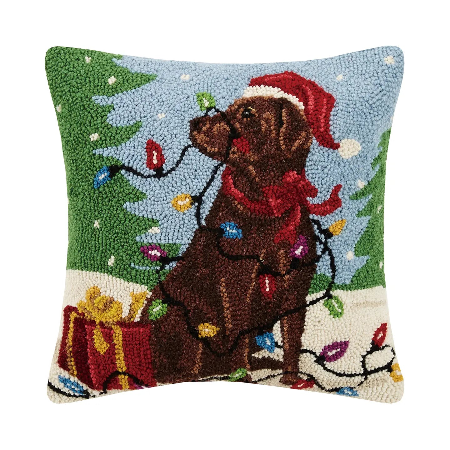 Chocolate Lab Dog Blue Christmas Needle Point Pillow