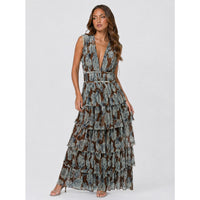Brown Floral Plissé Pleated Maxi Dress