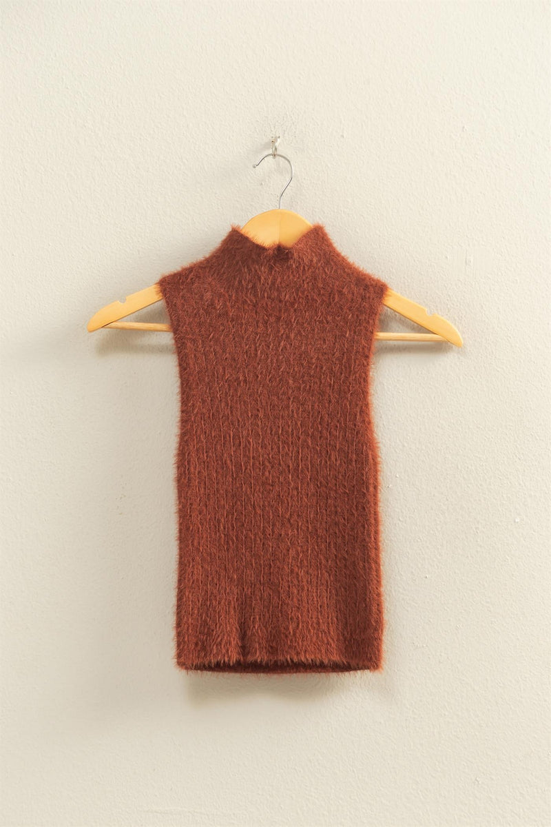 Rust Fuzzy Sleeveless Mock Neck Sweater