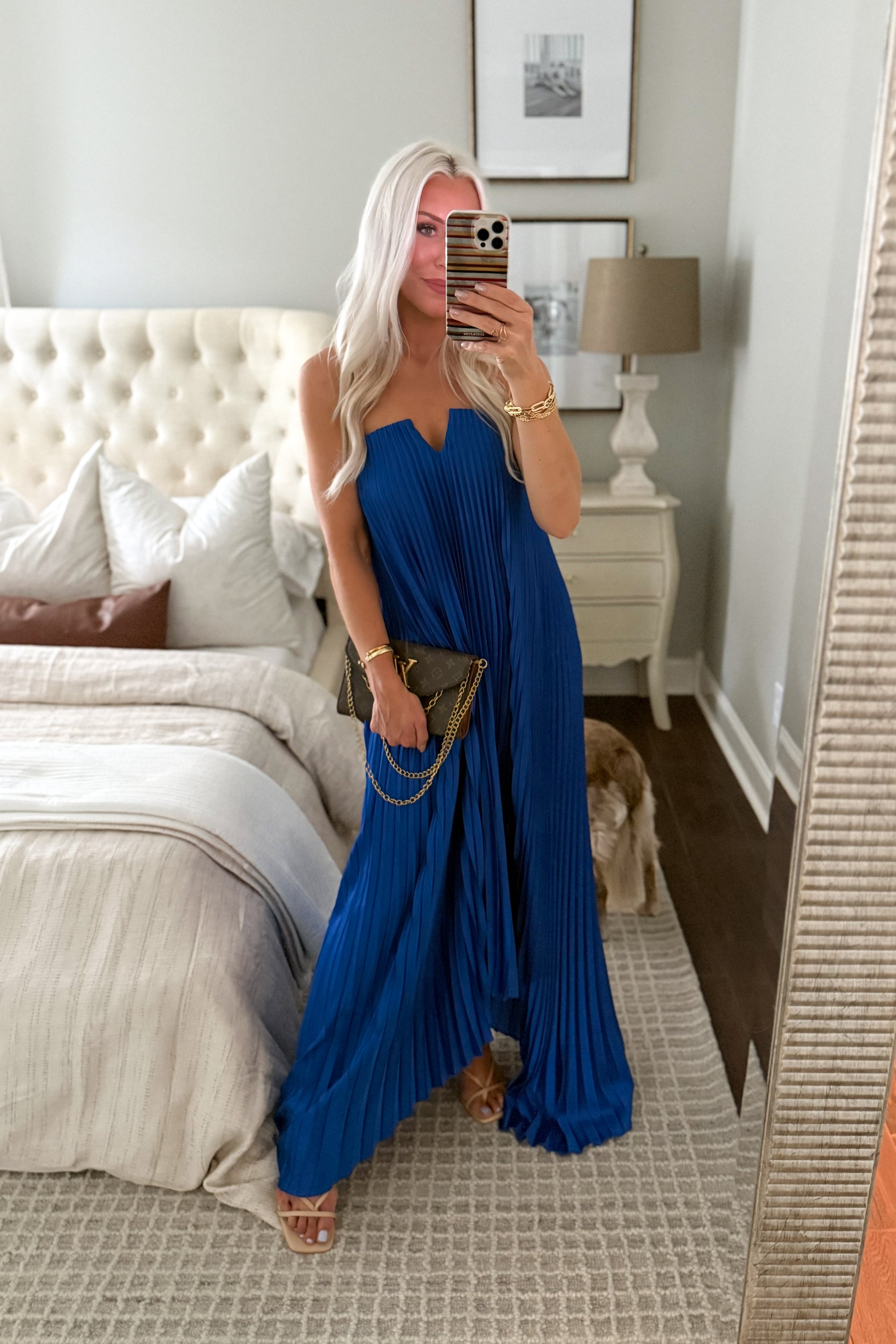 Royal Blue Pleated Column Maxi Dress