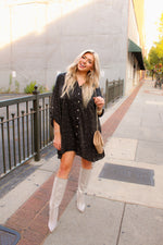 Black Rhinestone Satin Shirt Dress