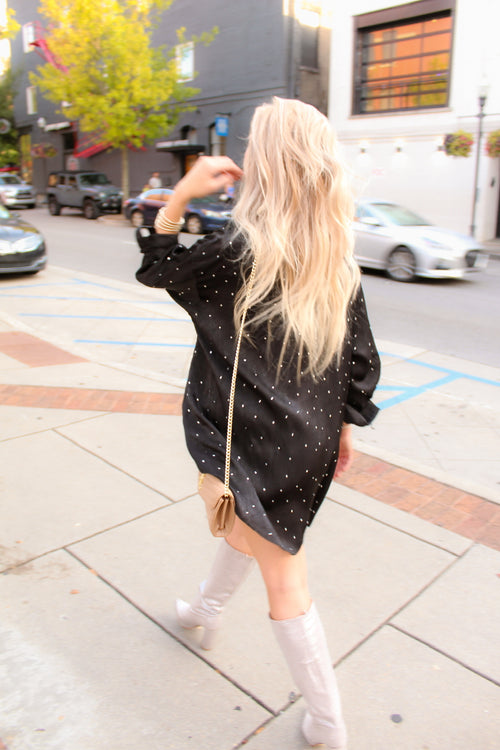 Black Rhinestone Satin Shirt Dress